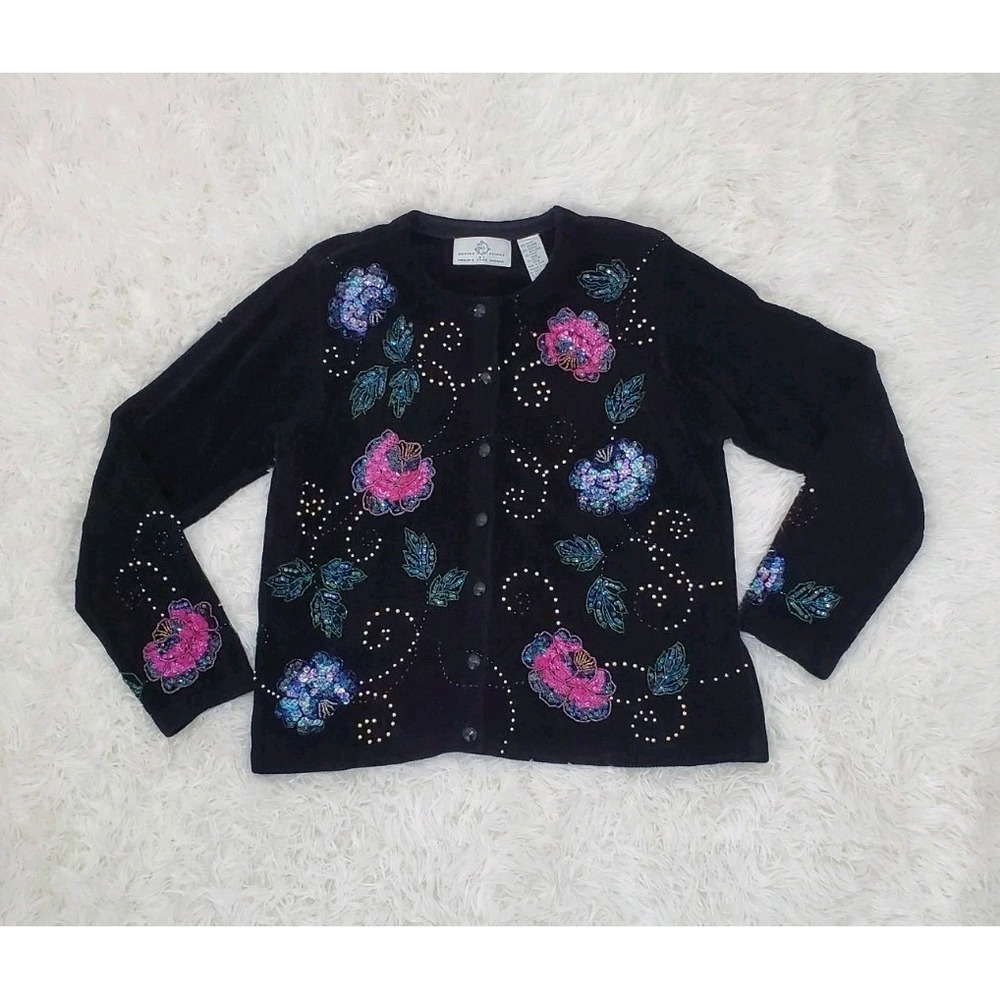 Design Options Philip & Jane Gordon Cardigan Sweater Floral Sequin Beads Size M